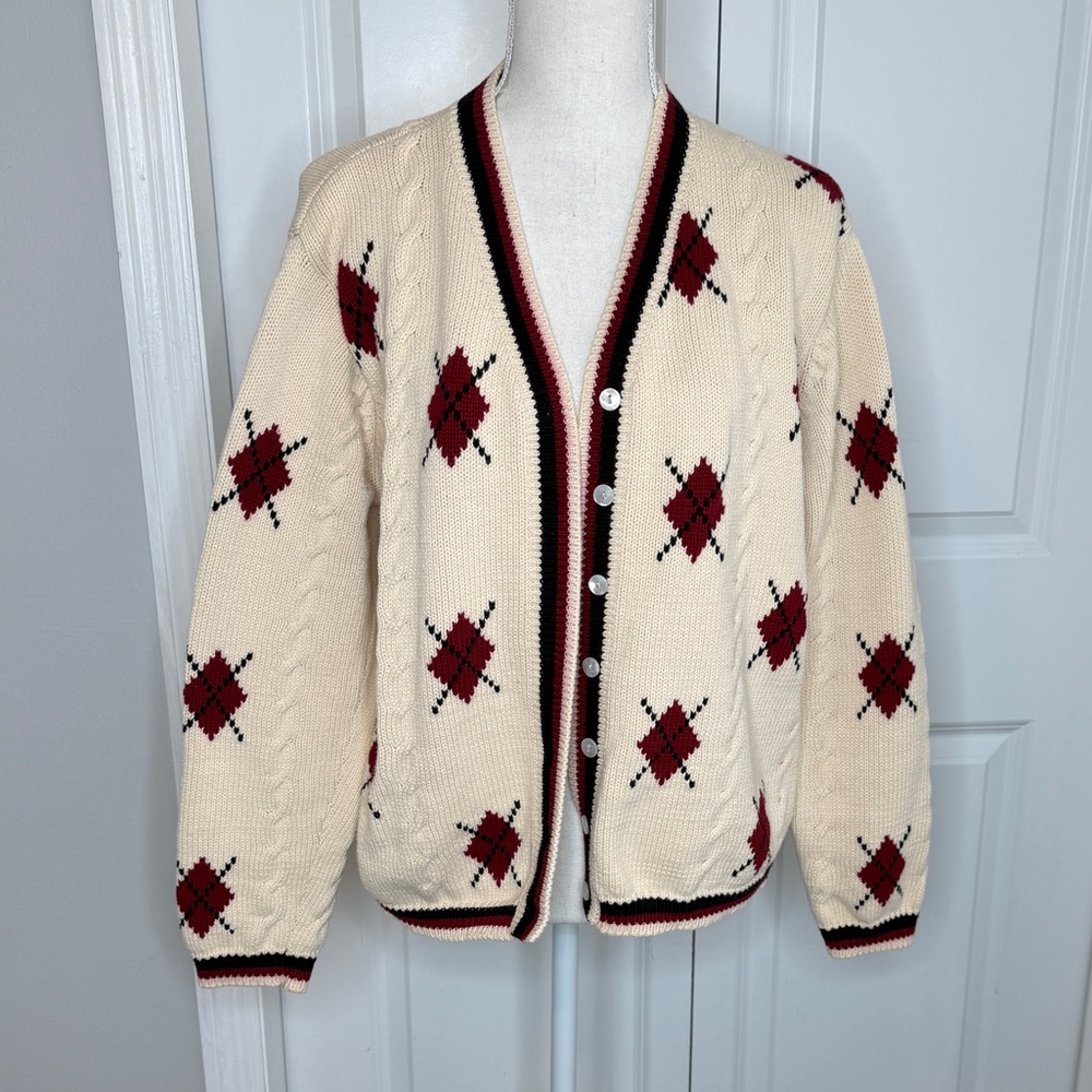 Talbots Vintage Cream Red Argyle Cable Knit Cardigan Sweater Cotton Fall Retro